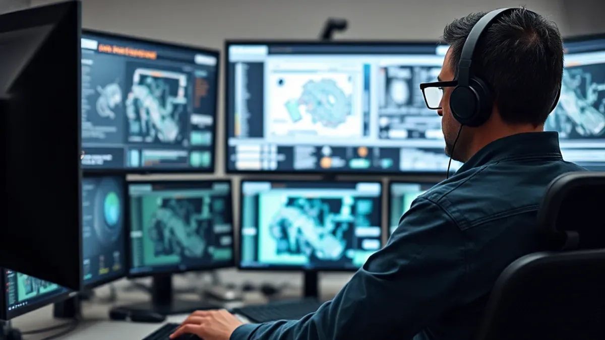 Cyber-Sicherheitsanalyst an mehreren abstrakten Monitoren