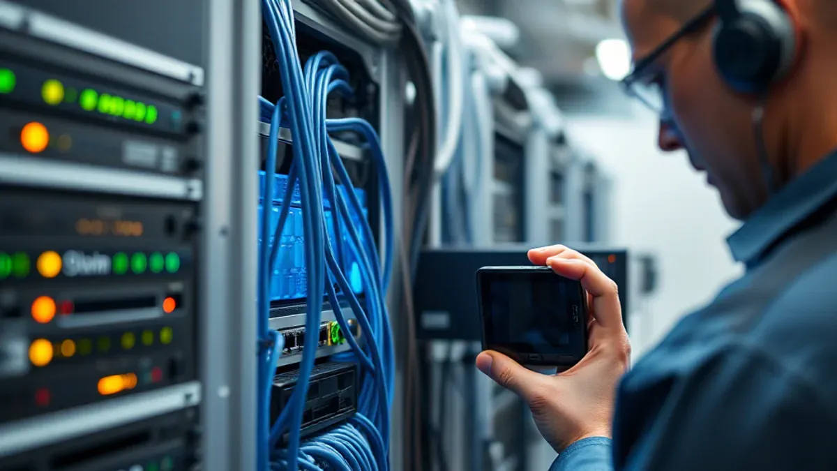 Sicherheitstechniker prüft Serverhardware in einem Rechenzentrum